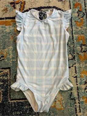 Minnow Girls Light Blue Plaid Ruffle One-Piece Swimsuit